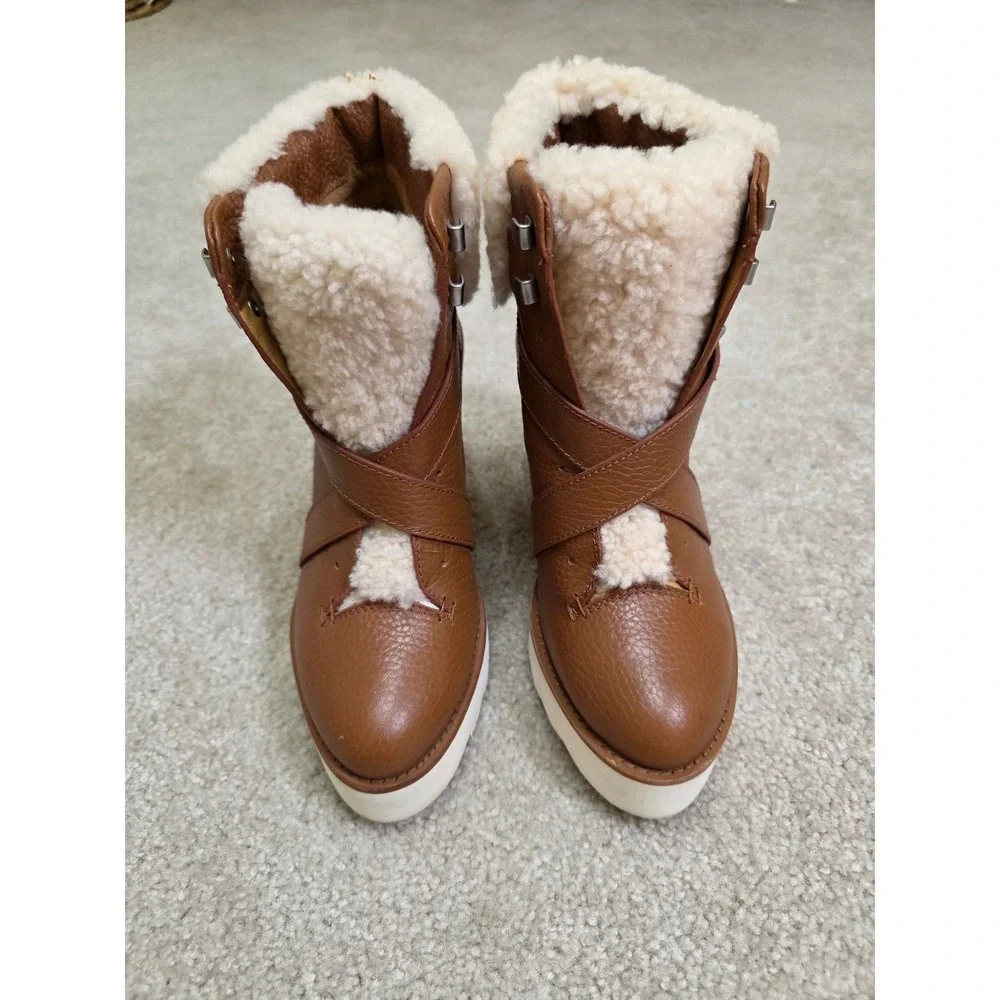 Coach Kenna Leather Shearling Wedge Booties Brown Y2K Size 8B
